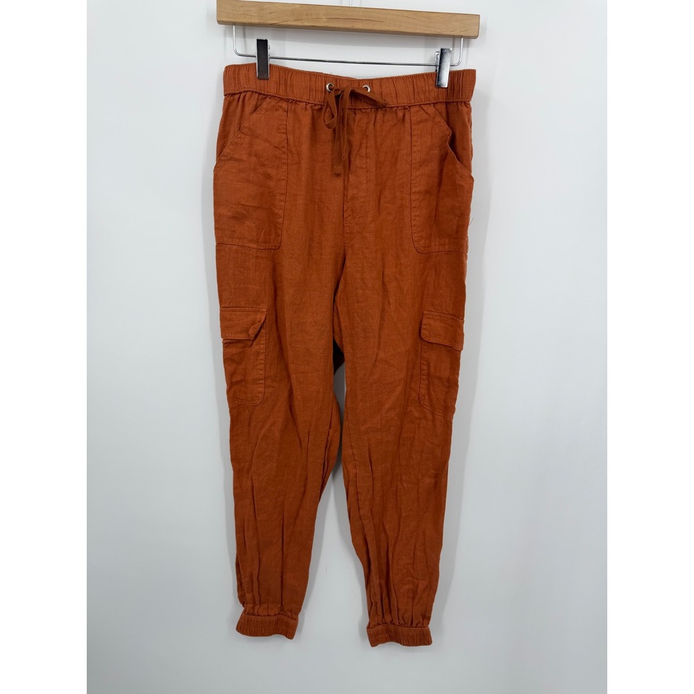 Nicole Miller Linen Cargo Jogger Pants Womens M Orange Elastic Waist Utility